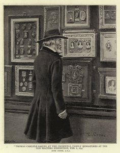 Thomas Carlyle che osserva i miniature della famiglia Cromwell alla mostra dei Vecchi Maestri